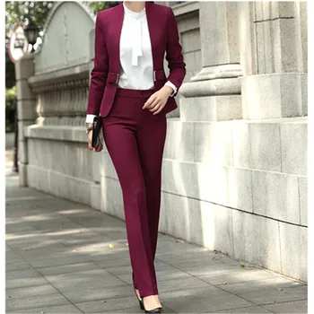 

Fashion Wine Formal Uniforms Designs Professional Pantsuits With Jackets And Pants For Ladies Office Work Wear Blazers Sets