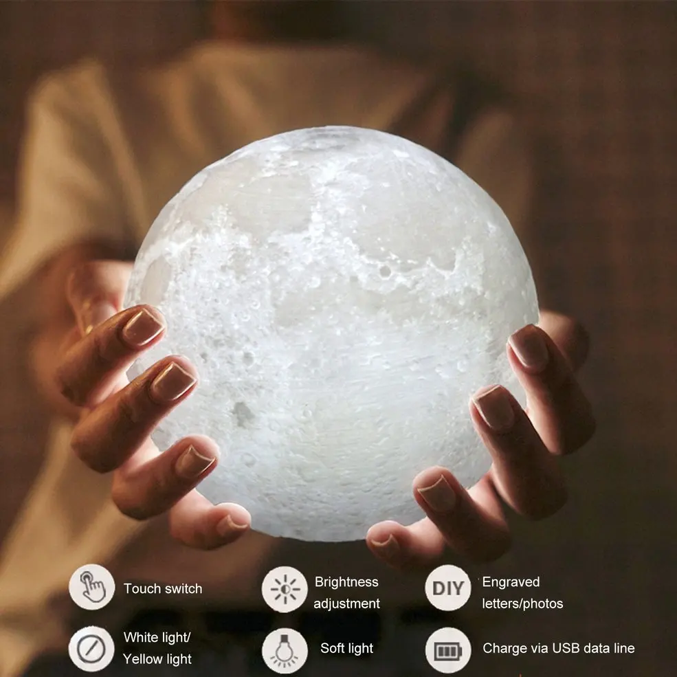 

2 pcs 3D Print Simulation Moon Light Night Light USB Charging Touch Control