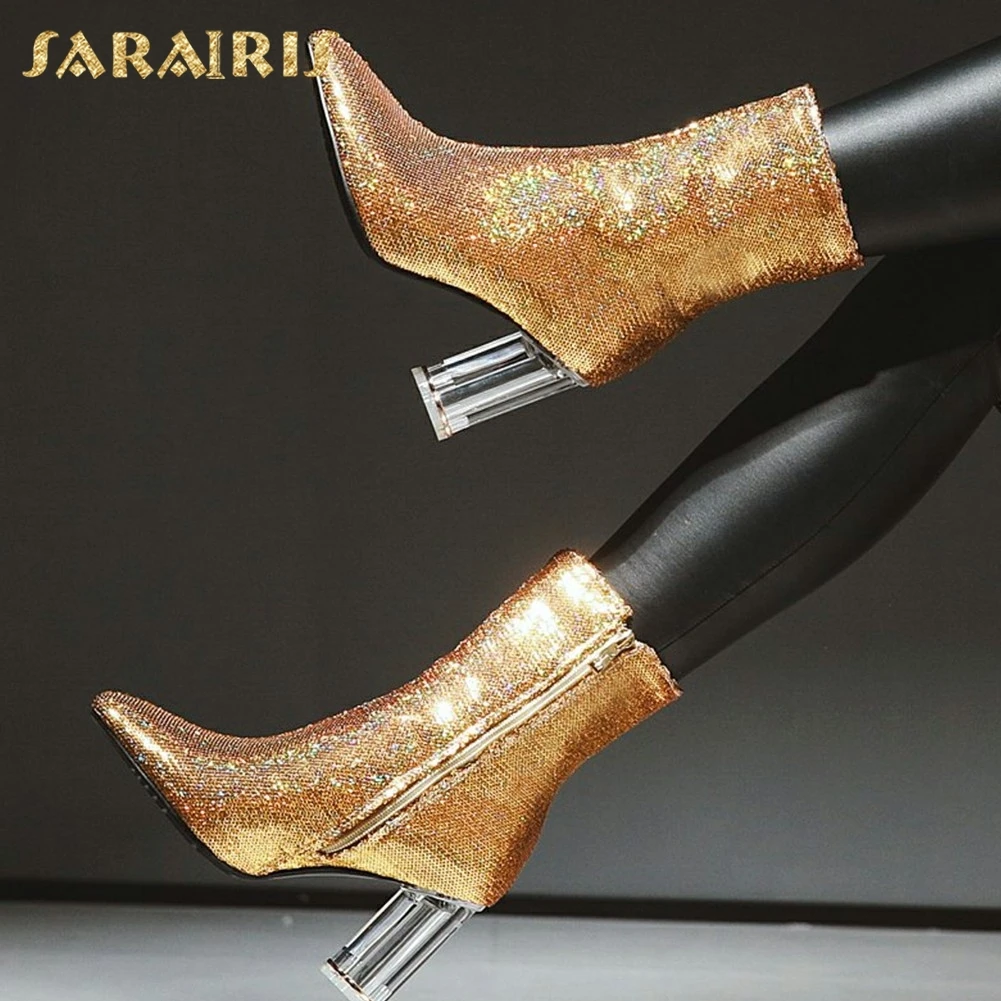 

SARAIRIS New plus Size 32-43 Sequin Add Fur Winter Boots Women Hot Sale Wholesale Zip Up Ankle Boots Shoes Woman