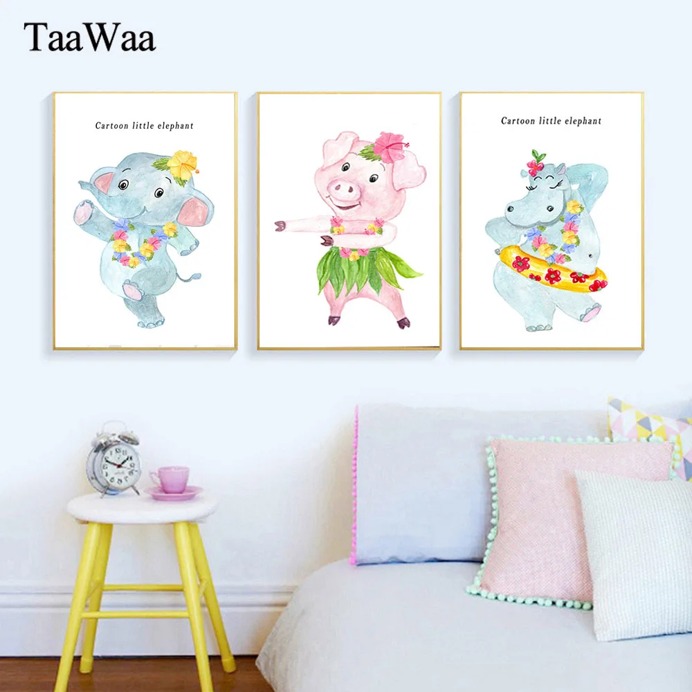 

TaaWaa Pig Elephant Cartoon Art Poster Animals Canvas Prints Picture Nordic Style Decorative Painting For Kids living Room Decor