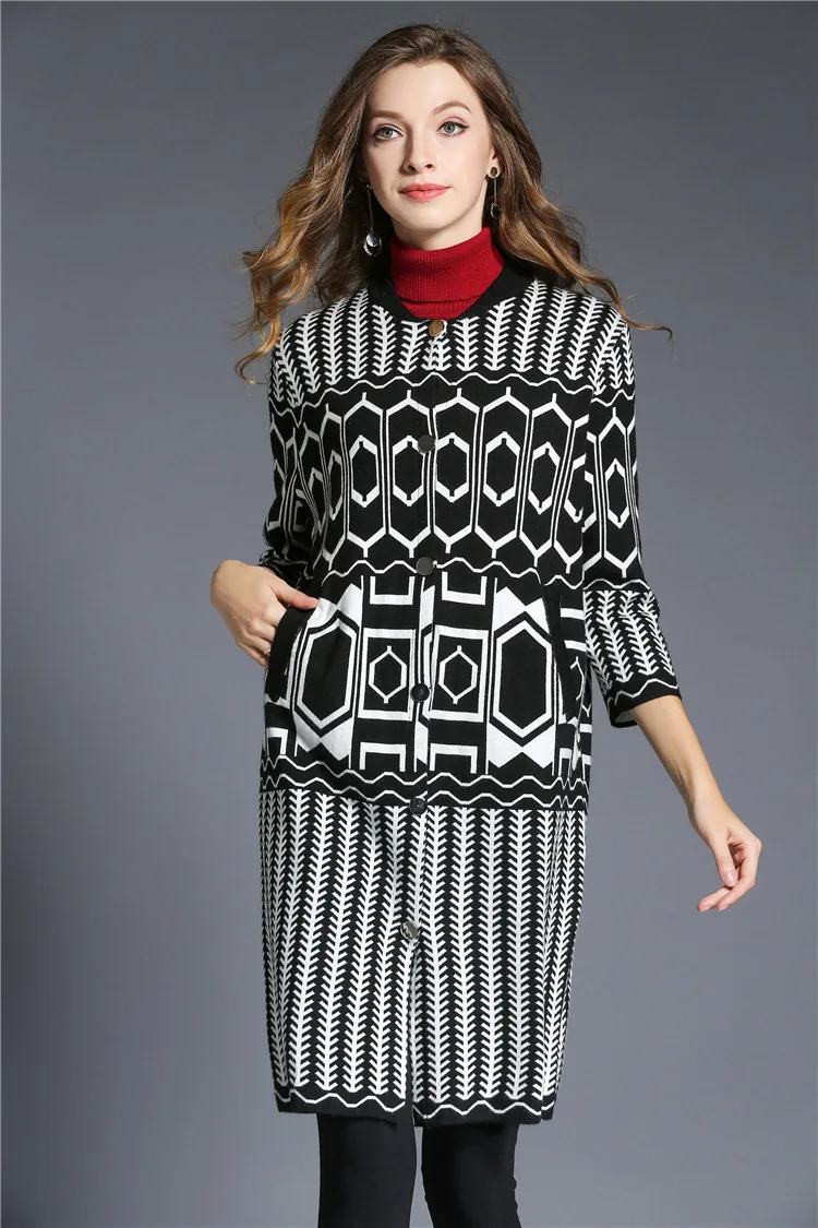Новый бренд качество 2018 Осень зимний свитер кардиганы Для женщин шерстяной вязаный геометрические узоры Винтаж длинные Куртка-кардиган