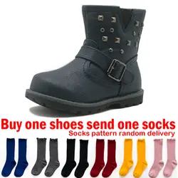 Зимняя обувь для девочек, ботинки с заклепками в стиле панк, детские зимние ботинки для детей, обувь для девочек, ботинки для малышей, черные