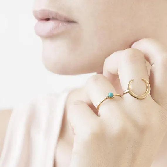 

GOLD filled fashion simple jewelry single turquoises stone gold color horn charm delicate dainty women finger cute ring