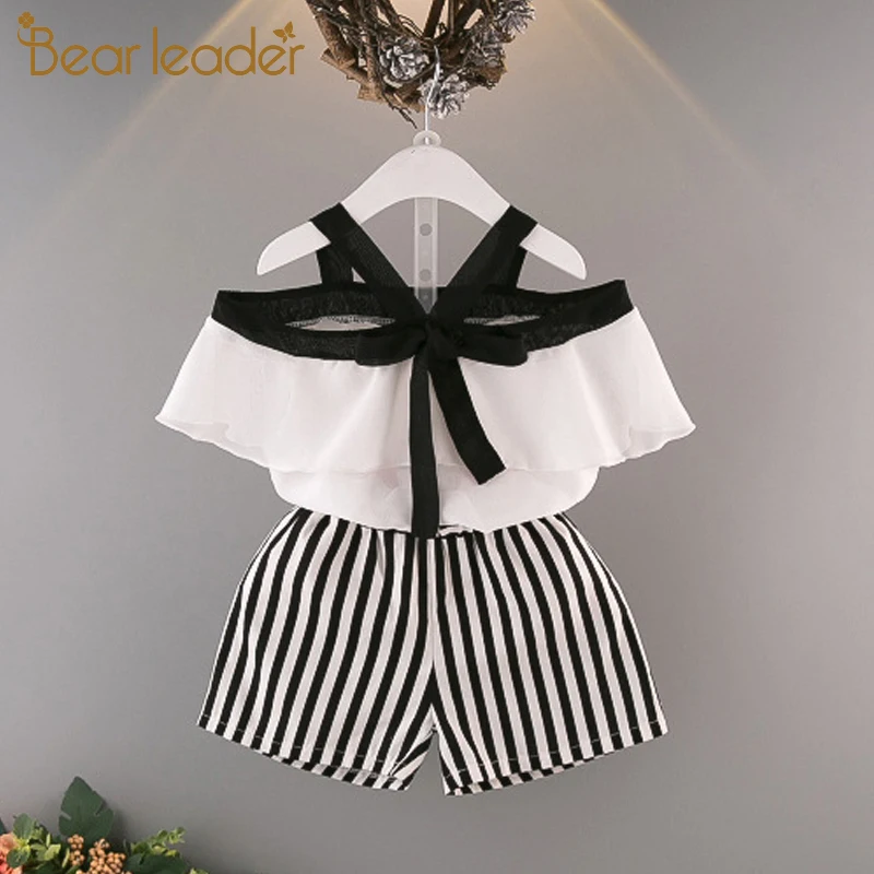 

Bear Leader Children Clothing 2019 Ruffled Collar Neck-Hanging Chiffon Shirt + Striped pants Summer Girls Children Clothing Sets