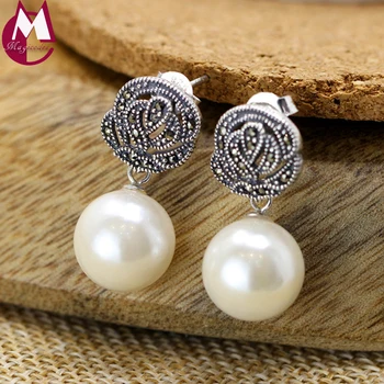

Sterling Silver 925 Jewelry Female Boho Red Garnet Vintage Flower Wedding Big Bead Freshwater Pearl Earrings 2018 New Arrival