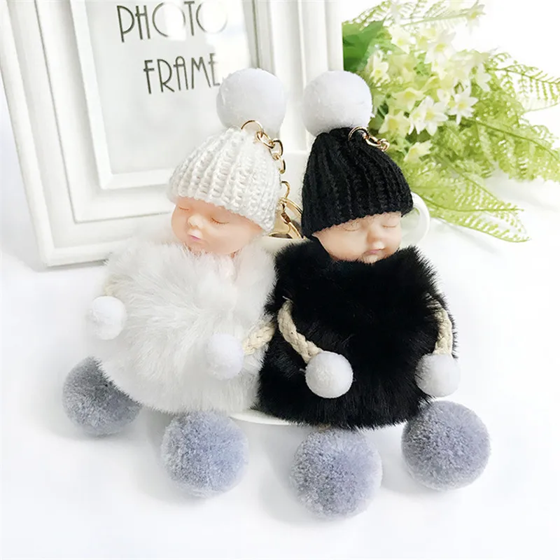 

Baby Fur Ball Doll Keychain Sleeping Baby Foot and Hand Doll Pompom Rabbit Fur Key Chain Car Keyring Key Holder Charm Jewelry