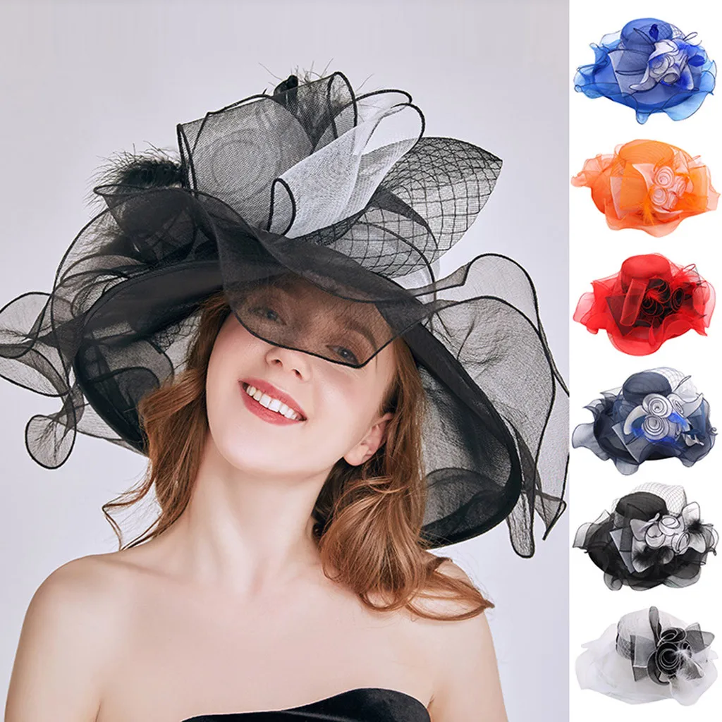 Модная европейская американская Женская Цветочная сетчатая шляпа Солнцезащитная верхняя шляпа оборки перья Свадебная вечеринка шляпа gorras mujer# guahao