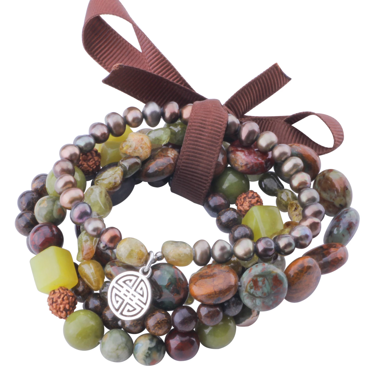 

MetJakt Natural Gemstone Garnet+Bronite+Red Jasper+labradorite+Lemon Jade+Pearl 5Pcs Bracelet with Double Happines Charm 18-19cm