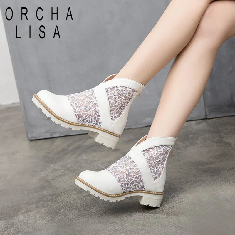 

ORCHA LISA Summer Boots Breathable mesh cut out ankle boots with zipper anti slip peep toe lace casual footwear big size 34-43