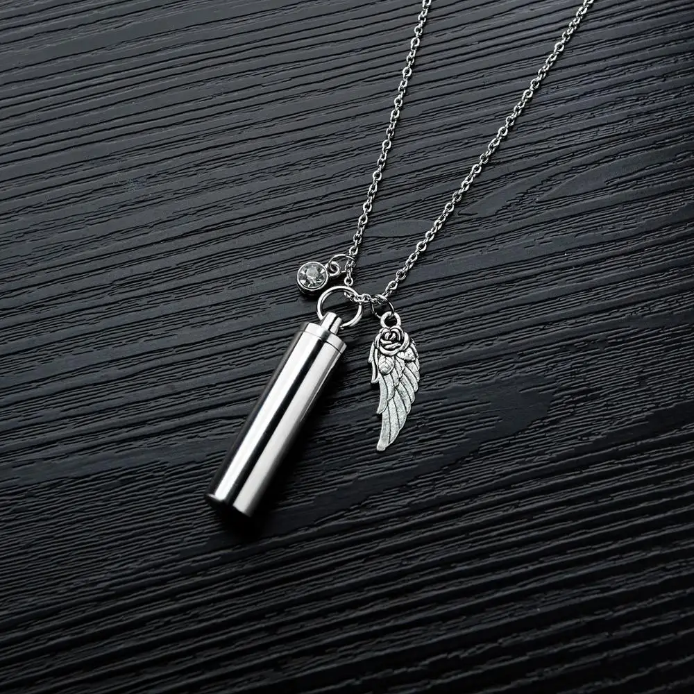 Cylinder Capsule Secret Message Vial Cremation Ash Urn Necklace in  Stainless Steel Stash Locket Wing and Crystal Dangle Necklace