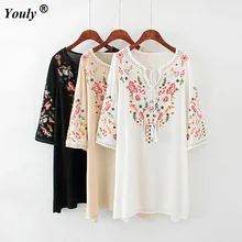 Платье-туника с цветочной вышивкой, мексиканское винтажное платье Хиппи, женское свободное повседневное хлопковое мини пляжное платье в стиле бохо, женские платья