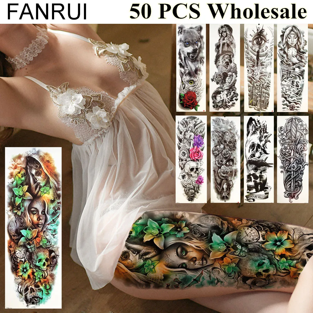 

FANRUI 50 Pieces Wholesale Flash 48x17CM Tattoo Long Full Arm Leg Wolf Skull Tatoo For Men Women Henna Body Art Tattoo Stickers