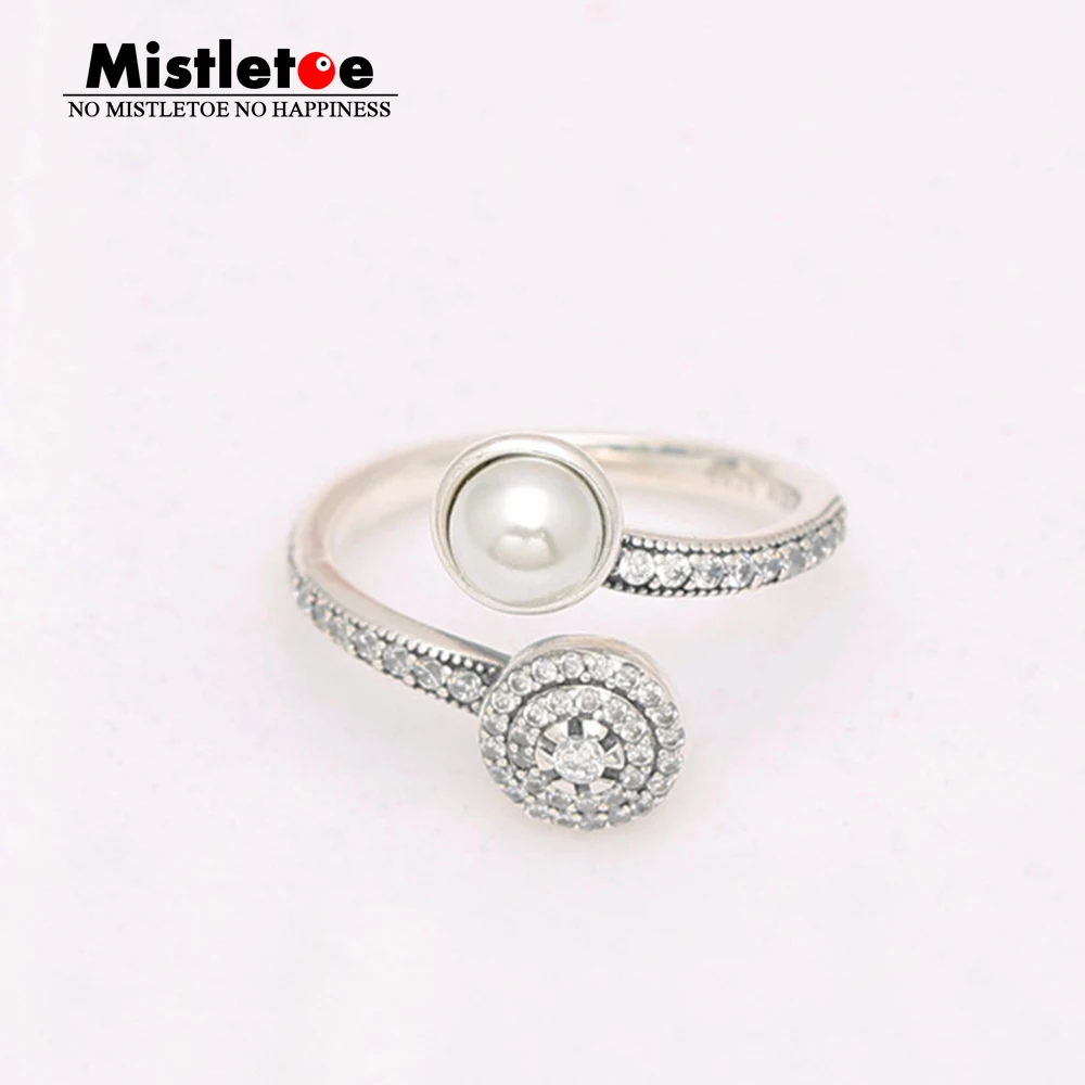 

Genuine 925 Sterling Silver Luminous Glow, White Crystal Pearl and Clear CZ Ring Compatible with European Jewelry