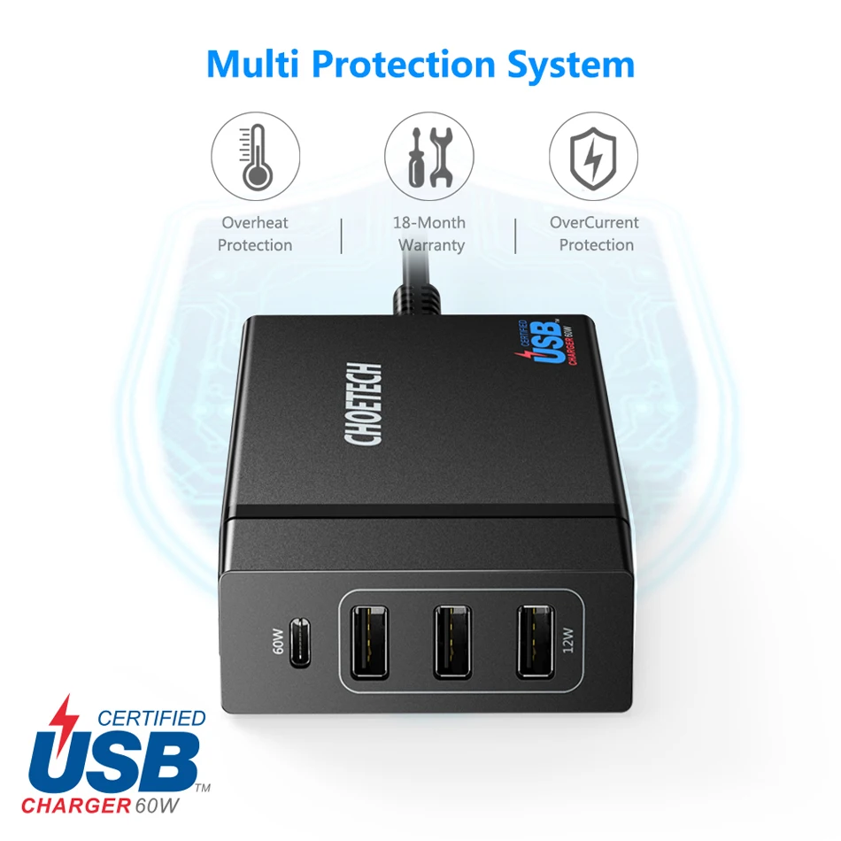 CHOETECH Мульти Usb зарядное устройство USB C 72 Вт 4 порта usb type C PD зарядное устройство станция type-C для MacBook Pro iPad Pro iPhone XS MAX huawei