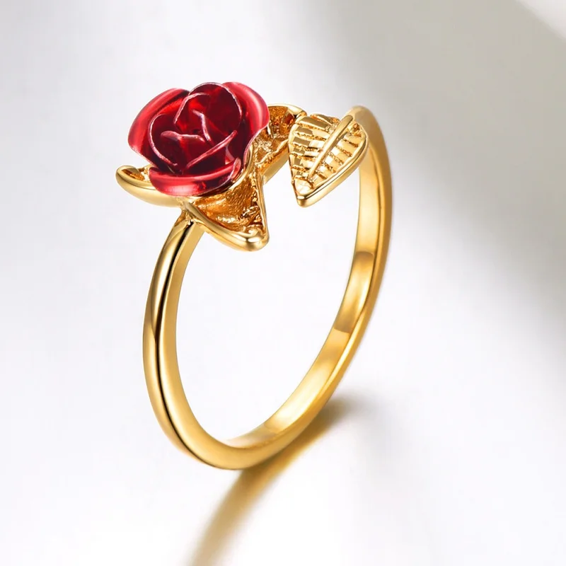 Party Favors Red Rose Garden Flower Leaves Resizable Finger Rings Women Valentine's Day Lover Wedding Decor Gift Jewelry Party