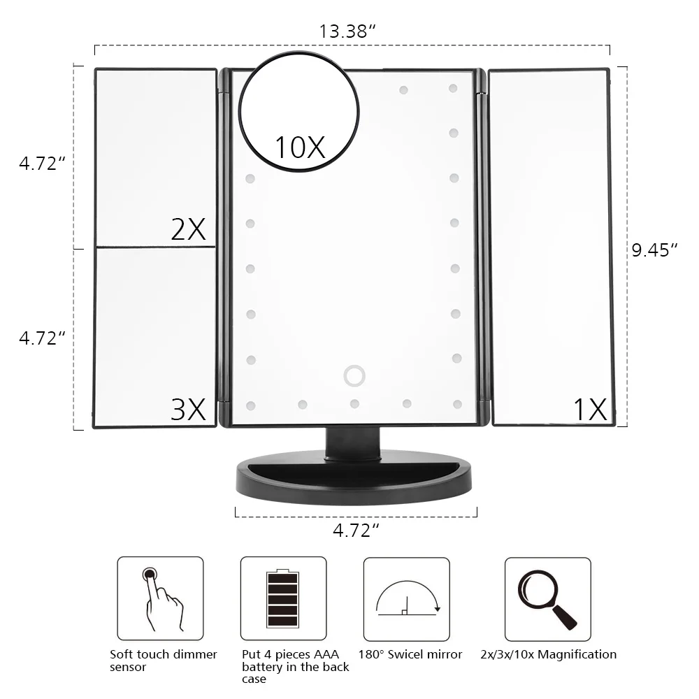LED Touch Screen 22 Light Makeup Mirror Table Desktop Makeup 1X/2X/3X/10X Magnifying Mirrors Vanity 3 Folding Adjustable Mirror LED Touch Screen 22 Light Makeup Mirror Table Desktop Makeup 1X/2X/3X/10X Magnifying Mirrors Vanity 3 Folding Adjustable Mirror