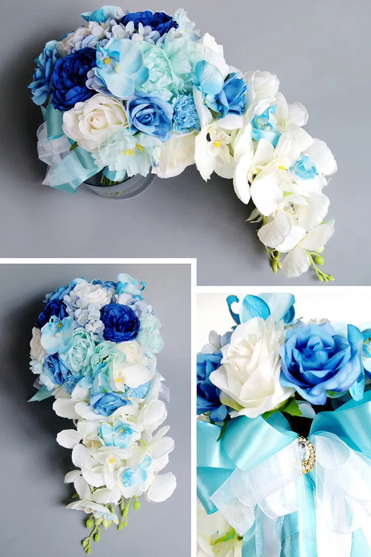 JaneVini Королевский синий Искусственные цветы для невесты букеты водопад Свадебный букет с кристаллами шелковые лепестки для свадеб букет роз искусственное