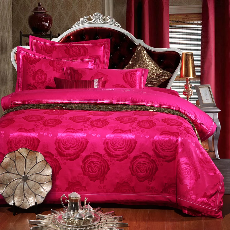 YADIDI 100 Cotton Rose Red Rod Chinese Style Silk Bedding Set Home
