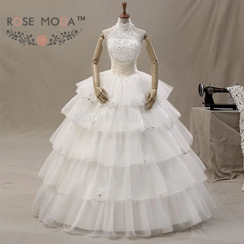 Halter Organza Wedding Ball Gown Tiered Skirt Crystal Lace Top