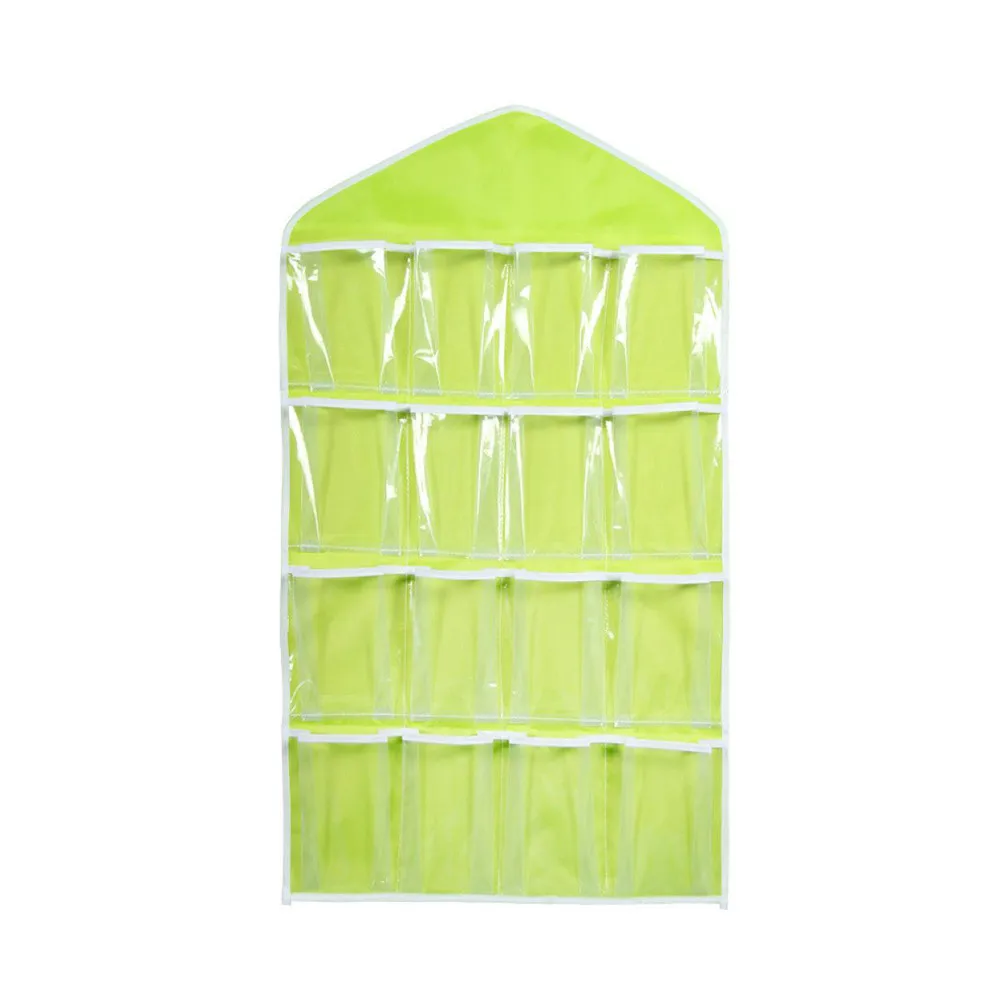 16Pockets Clear Hanging Bag Socks Bra Underwear Rack Hanger Storage Organizer Hanging Organizer For Home Living Room - Color: Green