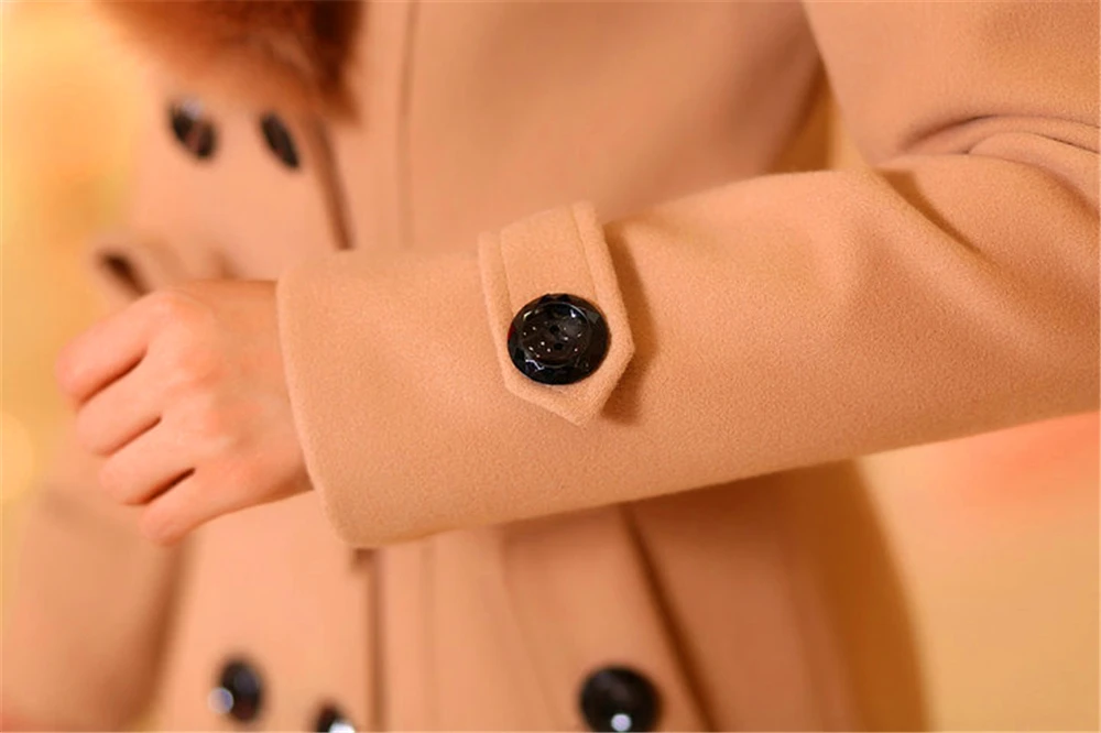 Женское элегантное шерстяное пальто с большим меховым воротником приталенная теплая шерстяная куртка с длинным рукавом женское винтажное пальто размера плюс розового цвета