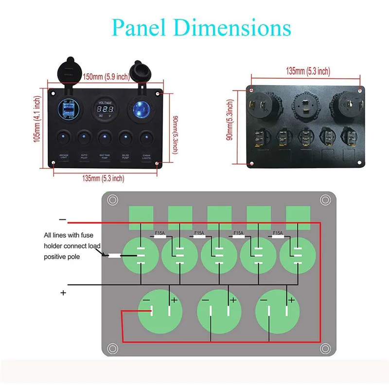 Встроенный блок предохранителей светодиодный кулисный переключатель панель 2 USB 12 в 24 в разъем вольтметр двойной USB разъем зарядное устройство на выключатель лодка морской грузовик