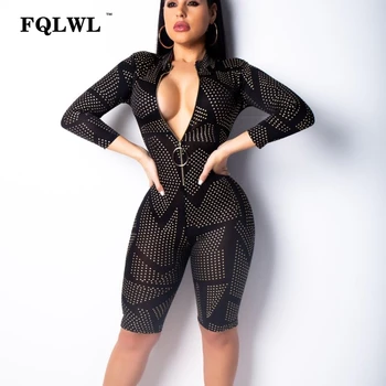 

FQLWL Black Bodycon Sexy Jumpsuit Women Overall Summer Fitness Zipper V Neck Long Sleeve Ladies Rompers Womens Jumpsuit Playsuit