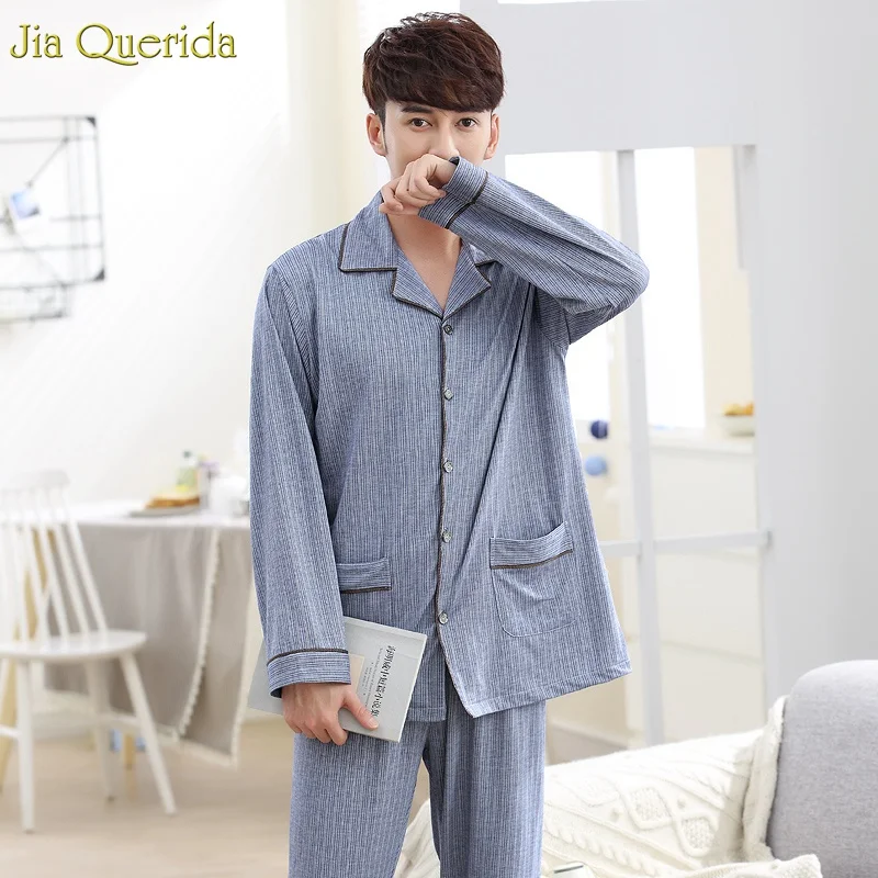 Роскошная мужская домашняя одежда Хлопковая пижама весна осень длинные рукава с отворотами полосатая Пижама Мужская Высококачественная Мужская пижама - Цвет: 98025