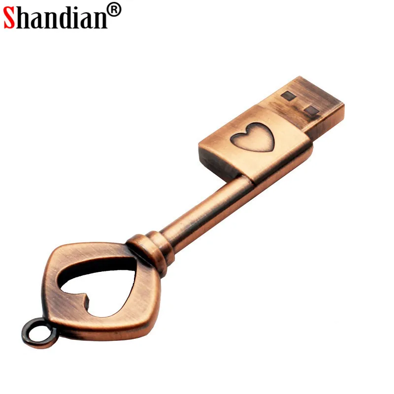 SHANDIAN медный ключ в форме сердца usb флеш-накопитель 4 ГБ 16 ГБ 32 ГБ 64 Гб металлические ключи карта памяти свадебный подарок