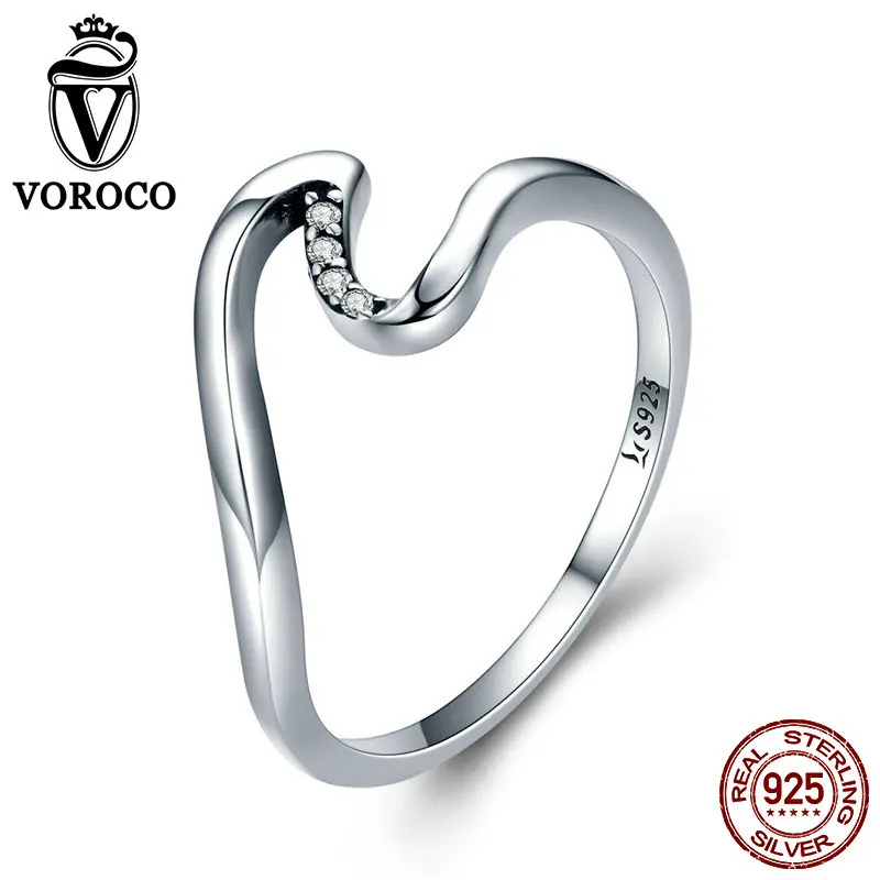 VOROCO Мода Heart Beat кольца для Для женщин 3A Циркон реального 925 пробы серебра волна