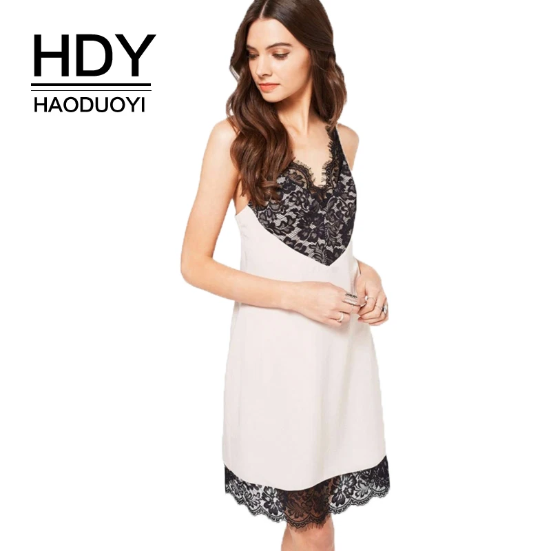 

HDY Haoduoyi Brand Women Sexy White Cami Strap Mini Dress Black Lace Contrast Casual Dress Loose Bohemia Female Vestidos