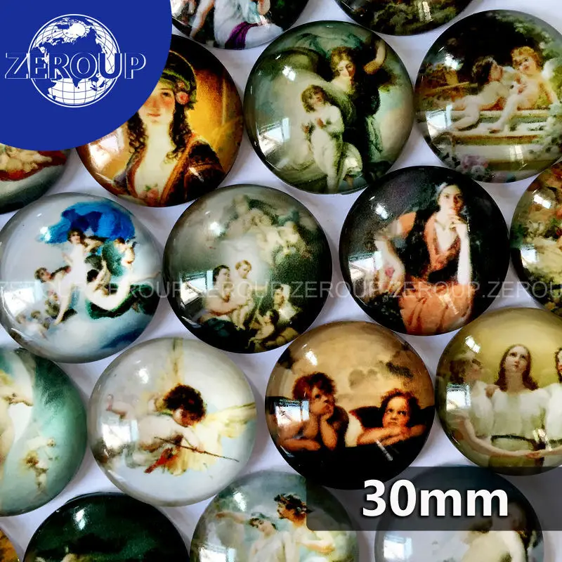 30mm round glass cabochon oil painting pictures mixed pattern fit base