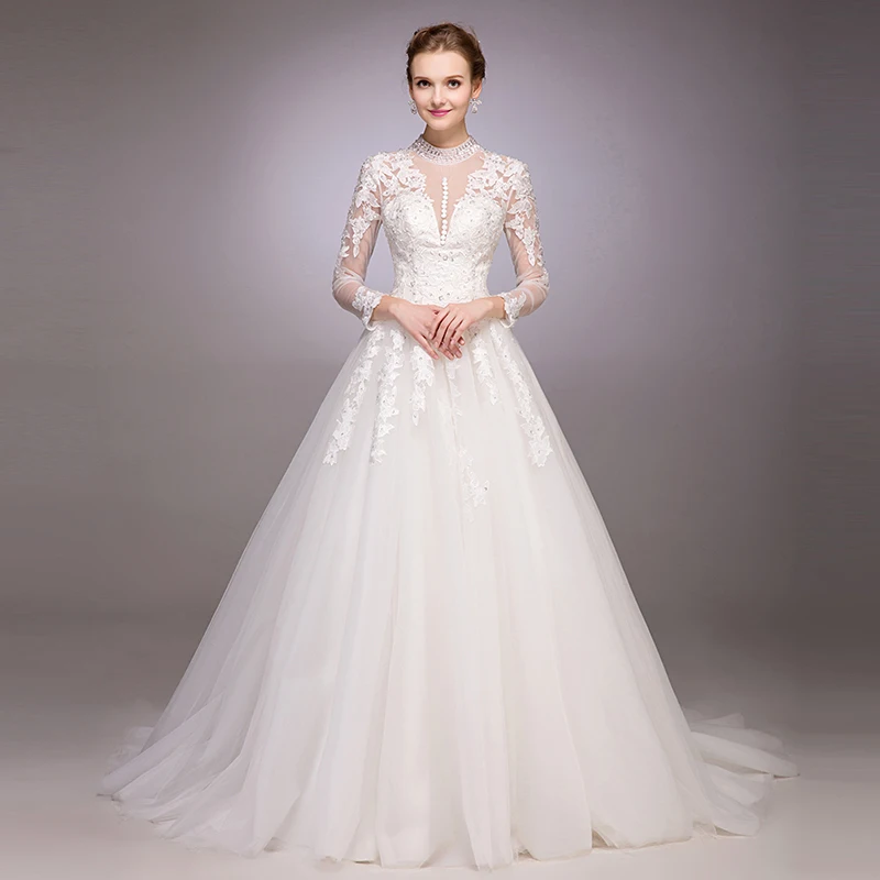 

New Arrival Ball Gown long sleeve lace Wedding Dress appliques Beading Bridal Gowns 2015 high neck button see through vestidos