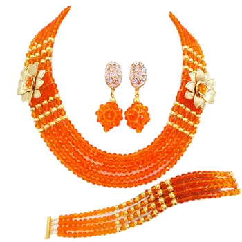 

Fashion Orange Crystal Beaded Multi Strands Necklaces Sets Nigerian Wedding African Beads Jewelry Set 5-XSH14