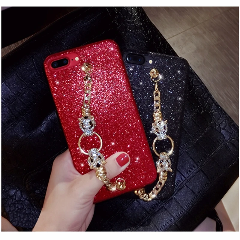 

Particular cool rhinestone leopard head chain bracelet glitter soft phone case cover for iPhone 6 6s 7 8 plus X XR XS MAX 10
