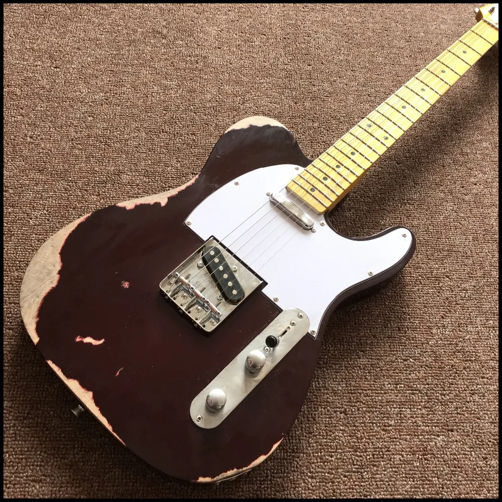 

new arrival electric guitar with Handmade old relics guitar in dark win red color ,with maple fingerboard point inlays