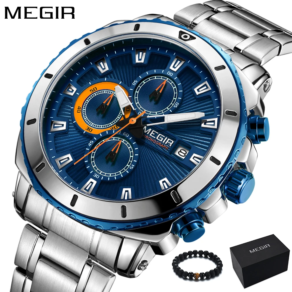 MEGIR Mens Watches Top Brand Luxury Steel Band Watch Men Military Sport Chronograph Quartz Wrist Watch Army Clock Men Blue 2018 MEGIR Mens Watches Top Brand Luxury Steel Band Watch Men Military Sport Chronograph Quartz Wrist Watch Army Clock Men Blue 2018