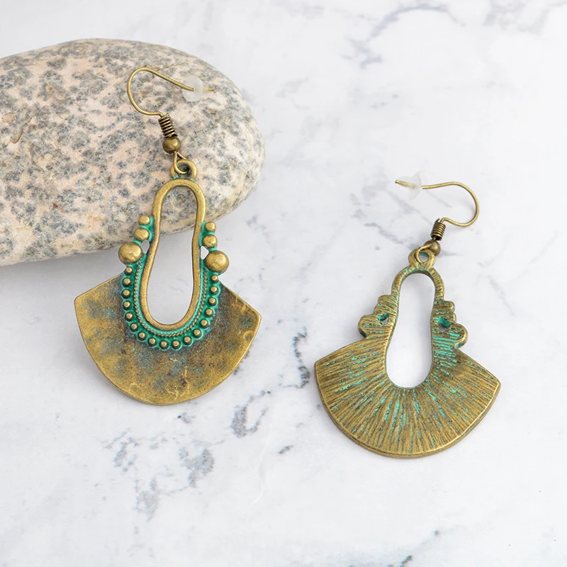 QIHE JEWELRY Dangle earrings 3 Color Verdigris Rustic Fan Drop Earrings Women Jewelry Earrings for women arete pendiente