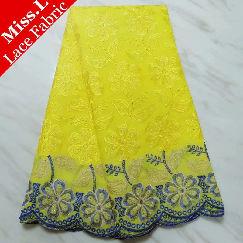 

Miss L Yellow Color African Lace Fabric High Quality Swiss Voile Lace With Stone 5 Yards/pcs Nigeria Cotton Lace For Women Dress