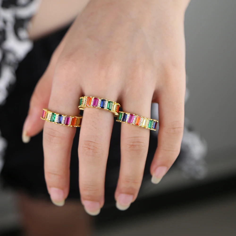 

New styles Rainbow CZ Gold filled colorful band Ring For Women Engagement Wedding cz eternity wide band ring stackable Jewelry