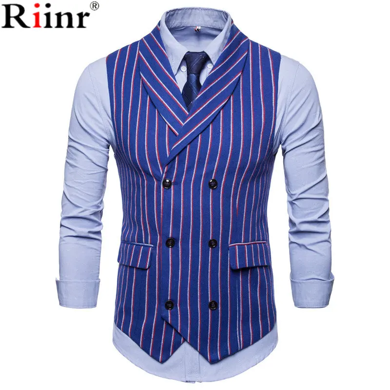 Riinr 2018 Autumn Men Striped Vests Causal Double-breasted Mens Suit Vest Vintage Wedding Waistcoat Men's Suit Vest Wedding Vest