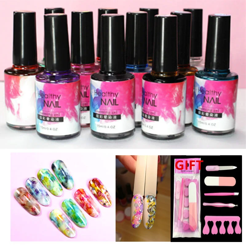 

12 Bottle Nail Polish Set Watercolor Ink Varnish Gel Bloom Smoke Color Gel Polish Smudge Bubble Pigment Nail Glue Gel