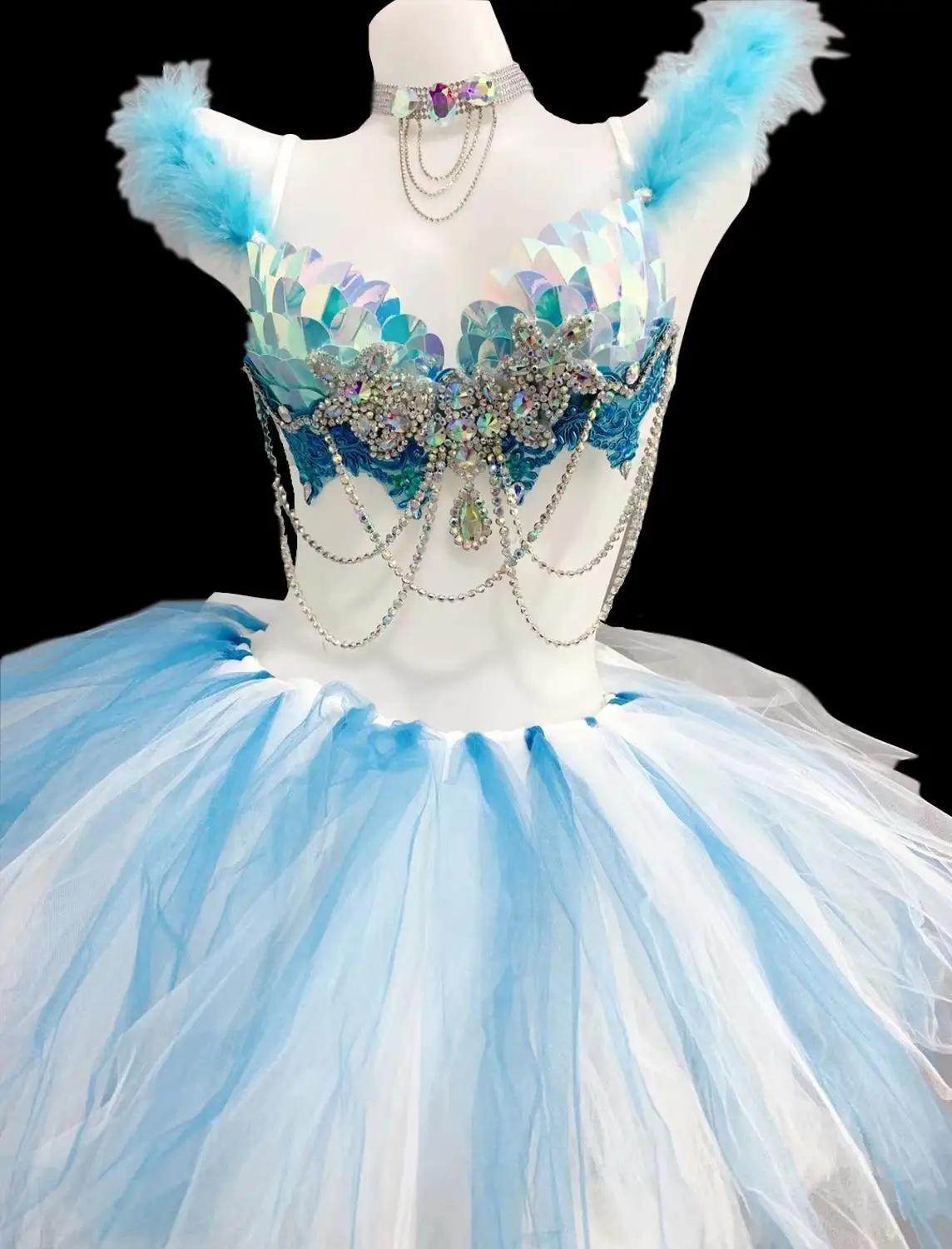 

Blue Sequins Crystals Bra Tutu Skirt 2 Pieces Set Bar Club Rave Party Dance Outfits DJ Women Singer Nightclub Stage Wear Costume