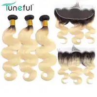 1B 613 Bundles with Frontal Brazilian Body Wave Remy Human Hair Extensions Dark Roots Russian Honey Blonde Bundles With Frontal