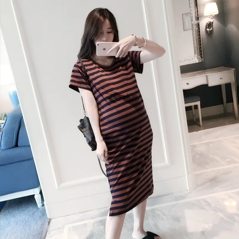 Vestido платья для беременных летнее повседневное свободное платье для беременных модное платье с круглым вырезом из хлопка в полоску длинное платье для беременных женщин