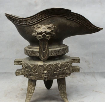 

USPS to USA S1351 13" Chinese 100% Pure Bronze Copper Lion Head Statue Royal Palace Cup Tumblerful