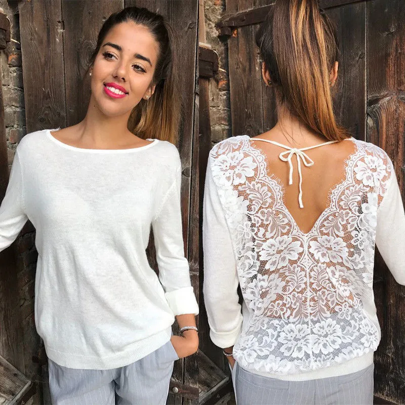 

Trendy Sexy Women clothes Long Sleeve Loose Lace round neck Blouses Casual pullover Backless cotton Shirts one pieces