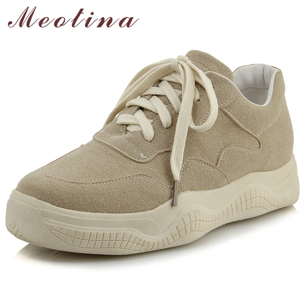 

Meotina Women Flats Spring Shoes Casual Scrub Flat Platform Shoes Soft Lace Up Round Toe Shoes Female 2019 Beige Plus Size 33-46
