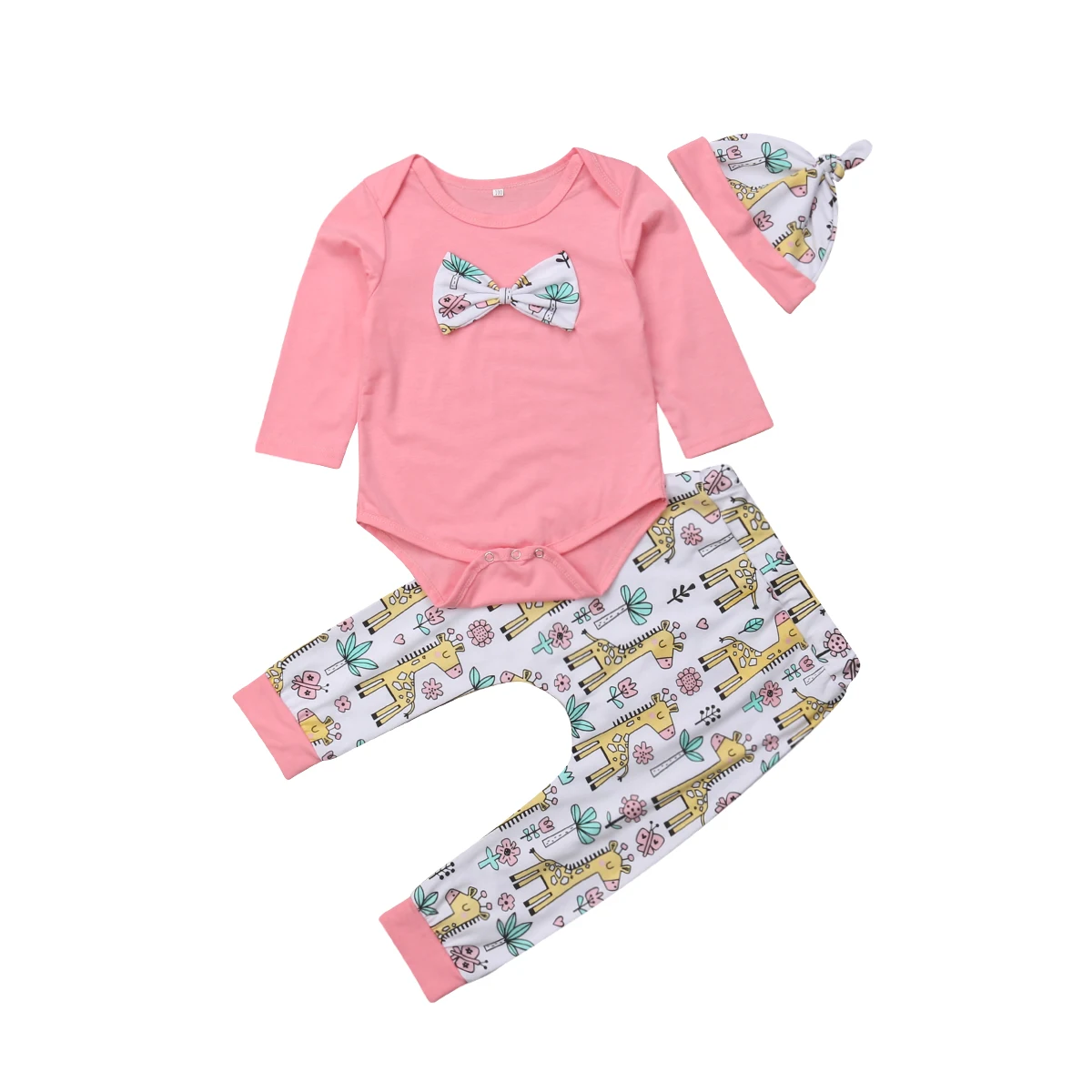 

3Pcs Newborn Baby Girl Clothes Bowknot Romper Long Sleeve Jumpsuit Alpaca Floral Pants Hat Outfit Set 2019