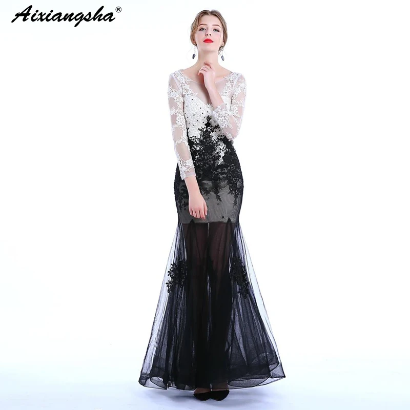 

Black&White Mermaid Party Prom Dresses 2018 Long Prom Dress Elegant Scoop Lace Plus Size vestido de festa longo gala jurken